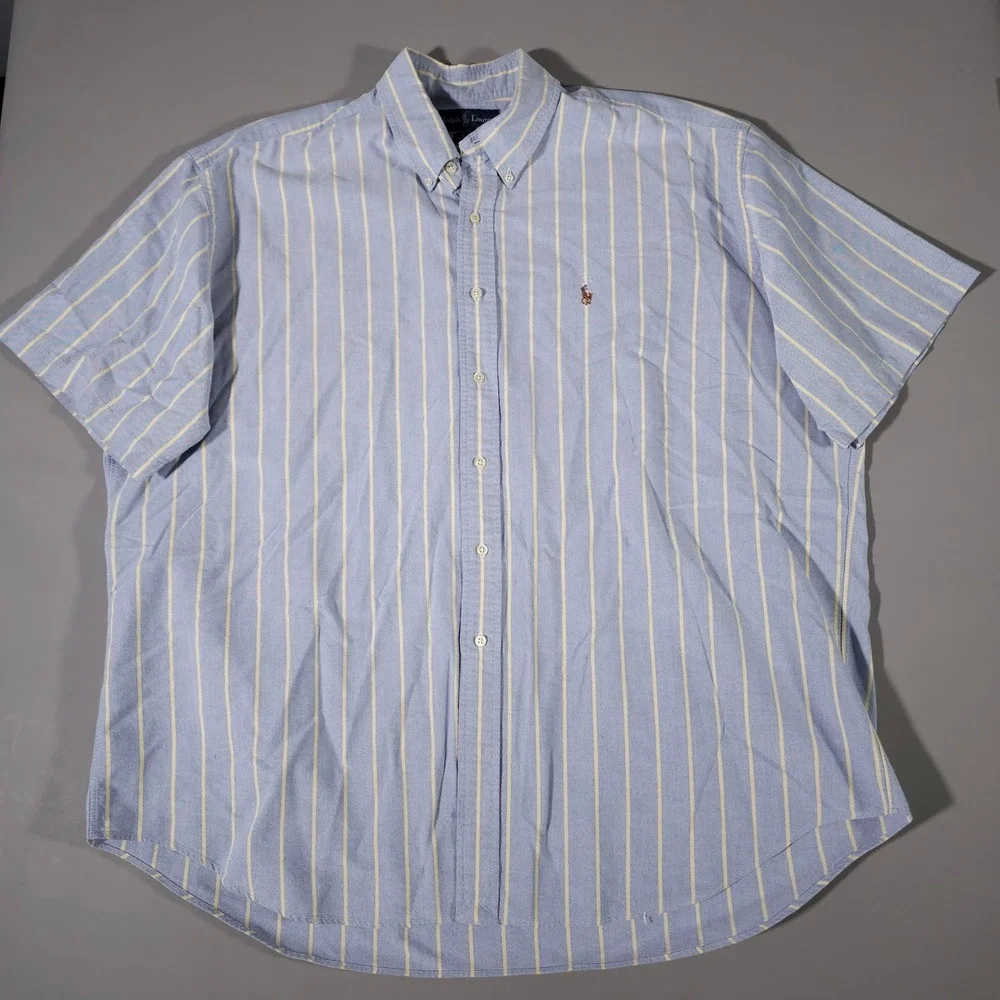 Ralph Lauren Button Down Mens XXL Blue Yellow Striped Blake Short Sleeve Oxford